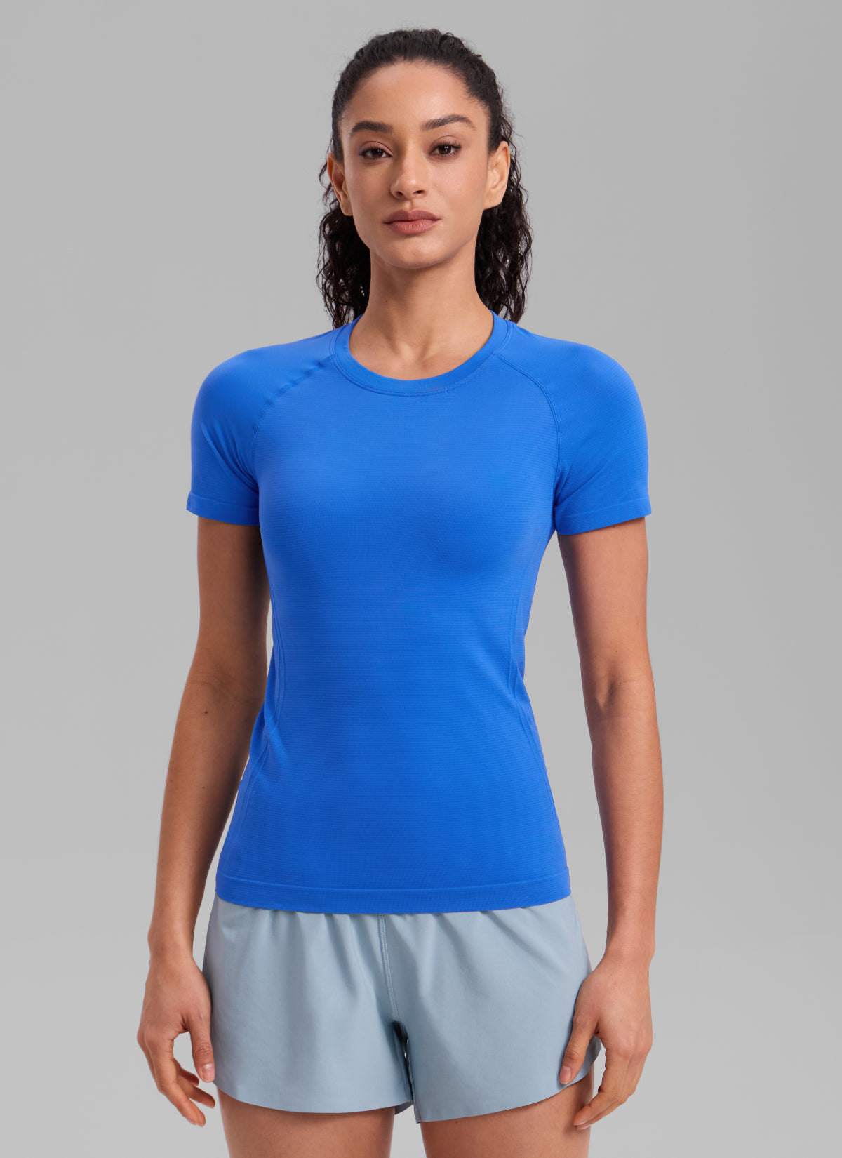 CRZ YOGA Women's Running Classic Fit Shirts Seamless Short Sleeves Sparkle Blue