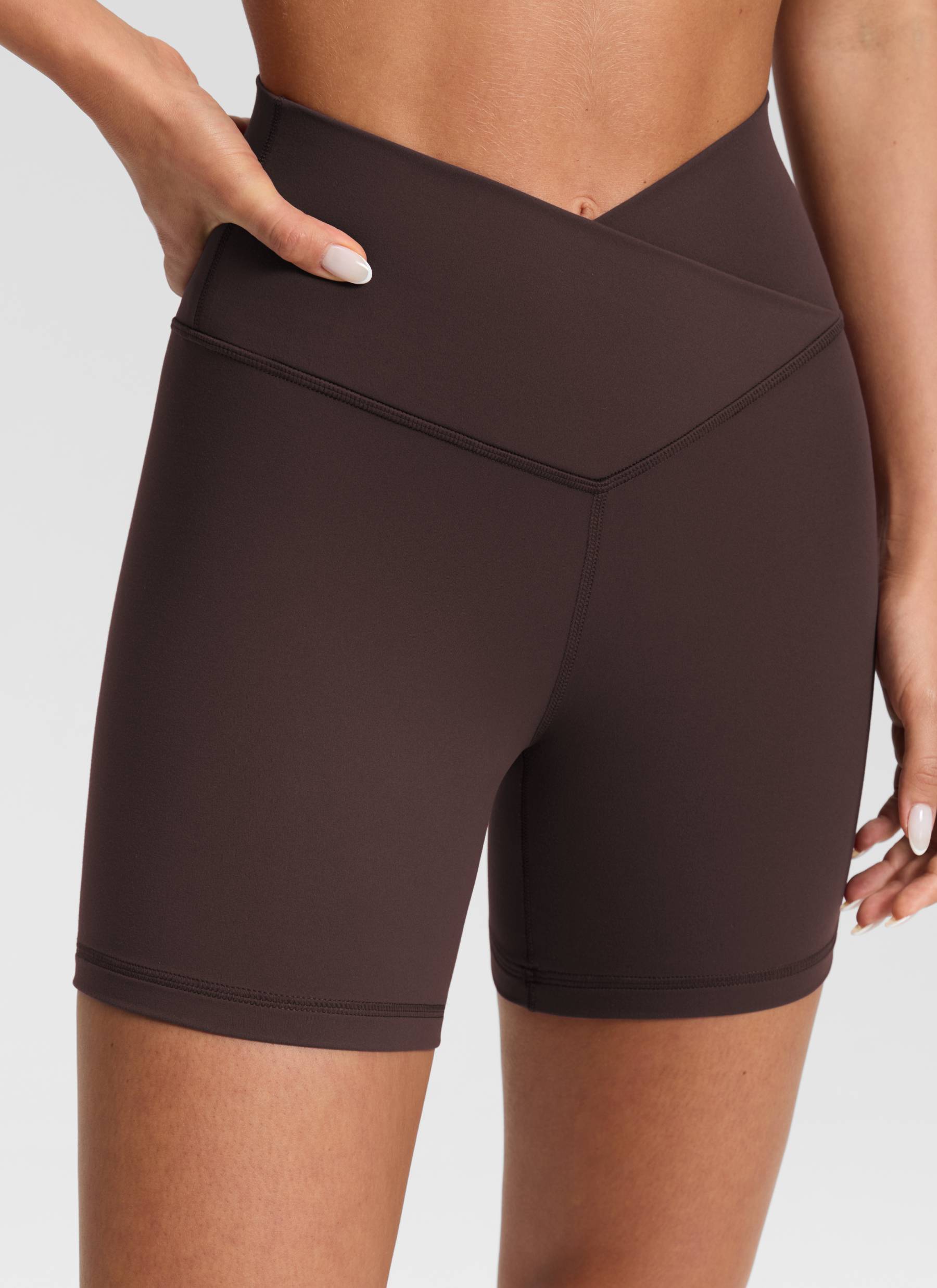 CRZ YOGA Women's High Rise Butterluxe V Cross Waist Biker Shorts 5'' Hot Fudge Brown