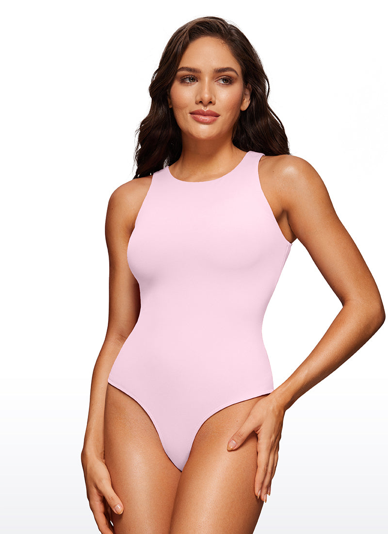 CRZ YOGA Women's Yoga Tight Fit High Neck Racerback Bodysuits Pink Peony