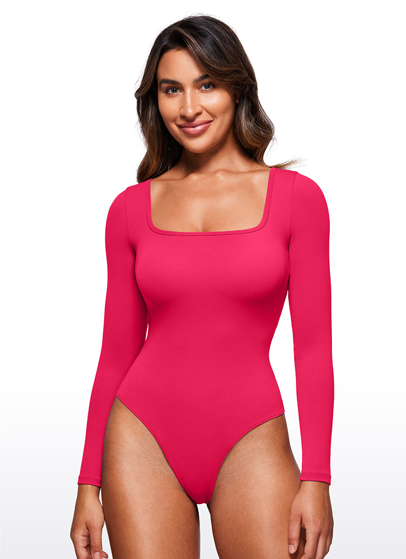 CRZ YOGA Women's Yoga Tight Fit Square Neck Long Sleeves Bodysuits Viva Magenta