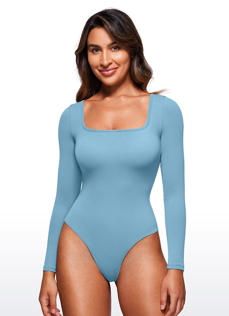 CRZ YOGA Women's Yoga Tight Fit Square Neck Long Sleeves Bodysuits Pure Blue